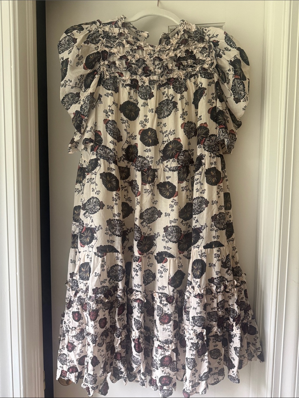 Ulla Johnson White Floral Tiered Smocked Dress with Navy Accents